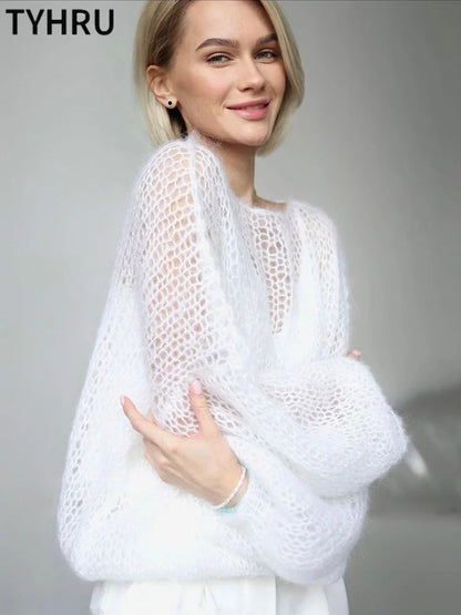 TYHRU Women's Knitted Sweaters Lady Hollow out Mesh Thin Pullover See Through Look Lantern Sleeve Loose Tops Smock