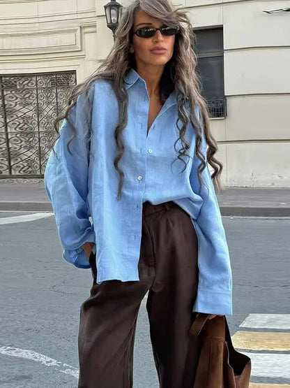 Fashion Loose Women's Shirts Long Sleeve Lapel Oversize Female Blouses 2025 Spring Summer Elegant Pink Cotton Linen Lady Shirts