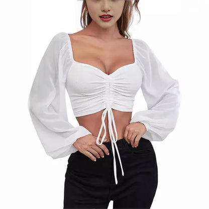 2024 Spring Summer New Sexy V-neck Chiffon Drawstring Lantern Sleeve Tight Fashion Sexy Short Style Waist Long Sleeve Shirt Top
