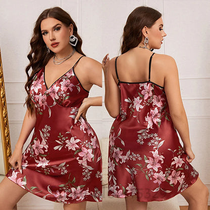 Floral Print Nightgown Oversize 4Xl 5Xl Sleepwear Women Satin Nightwear Sexy Cami Home Dress V-Neck Lingerie Homewear Nightwear