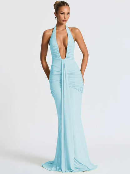 Mozision Deep V Neck Draped Ruched Sexy Maxi Dress Women Summer Fashion Halter Sleeveless Backless Club Party Long Dress Elegant