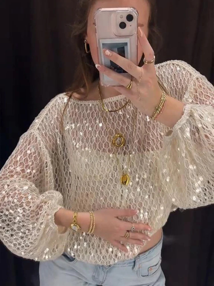 Sequins holur út pullovers konur frjálslegur laus kringl