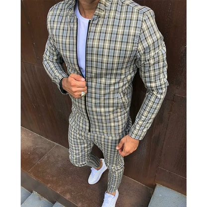 2025 Herbst Herum Männer Tracksuit 2pc Set Plaid Zipper Sweatshirt Jacke Langes Hosen Freigelegte Fitnessstudio Running Jogging Outfit Fleece Sportswear