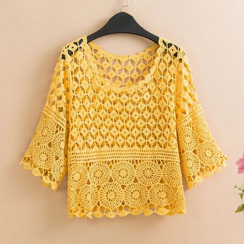 Women 2025 Spring Summer New Hook Flower Hollow Loose Pullovers Female Shawl Knitted Tops Ladies Short Jumper Sweater Tops W38