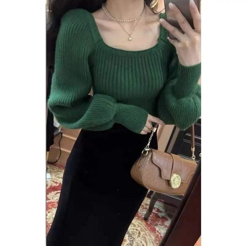 Autumn Square Collar Warm Sweaters Fashion Korean Solid Loose Knit Jumper Elegant Long Sleeve All Match Pullover Sweater M53