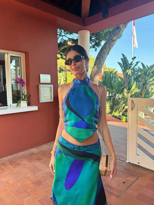 Print Two Piece Skirt New Sexy Halter Beach Dress Women Bra High Waist A-line Long Skirt Suit Summer Holiday Seaside Casual Set