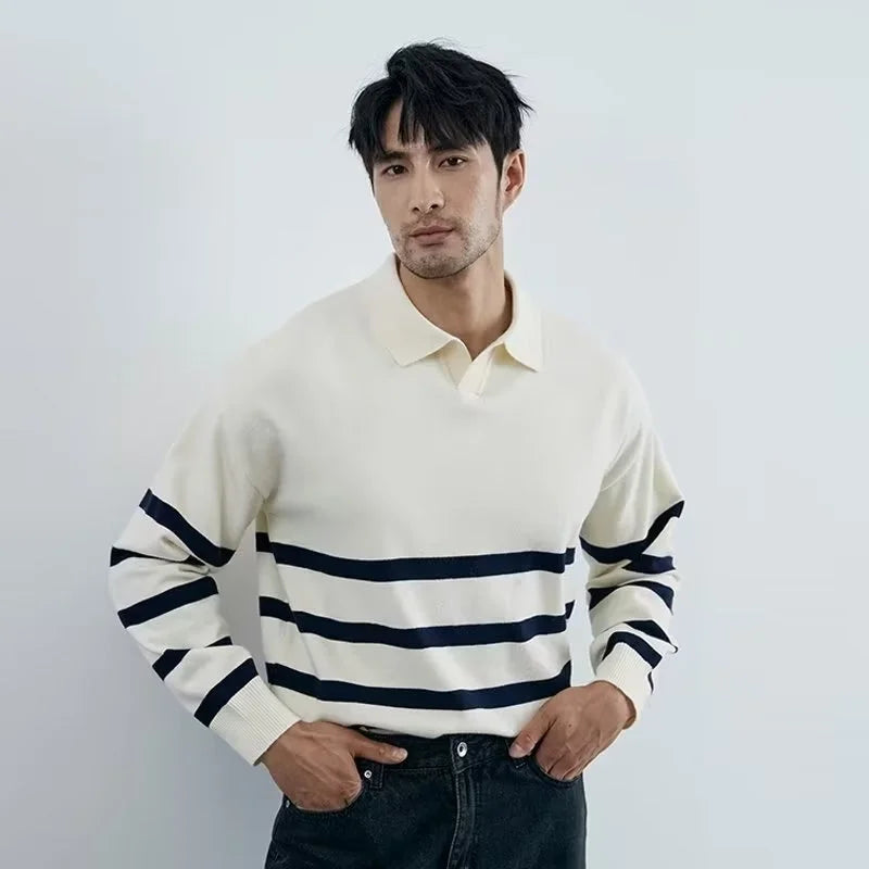 Efterår enkel lapel stribet sweater til mænd afslappet vintage koreansk mode strikstøj top ny y2k løs strikket pullover jumper