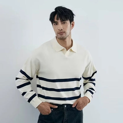Efterår enkel lapel stribet sweater til mænd afslappet vintage koreansk mode strikstøj top ny y2k løs strikket pullover jumper