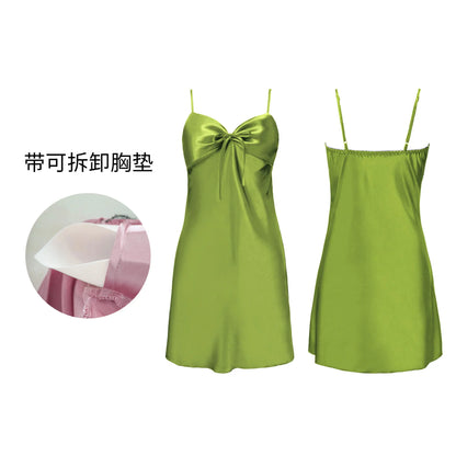 Ice Silk Pajamas Women's Summer Backless Halter Neck Short Pajamas with Bra Women's Home Clothes Pink Loose Elegant Dress