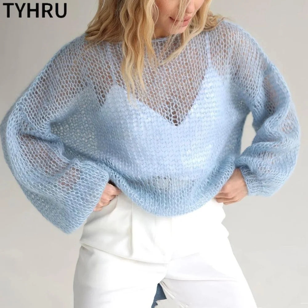TYHRU Women's Knitted Sweaters Lady Hollow out Mesh Thin Pullover See Through Look Lantern Sleeve Loose Tops Smock