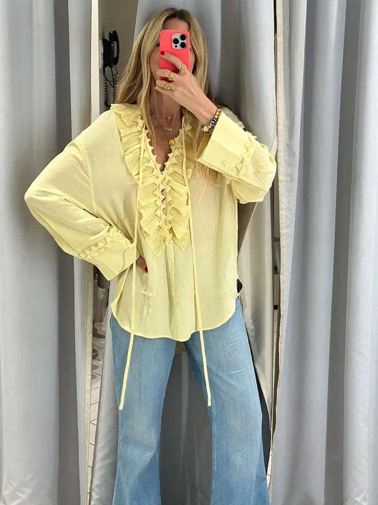 Žute ležerne košulje za ruffles za žene modni modni labavi dugi rukav v vrat ljetna bluza Lady Lagani praznični vrhovi 2025