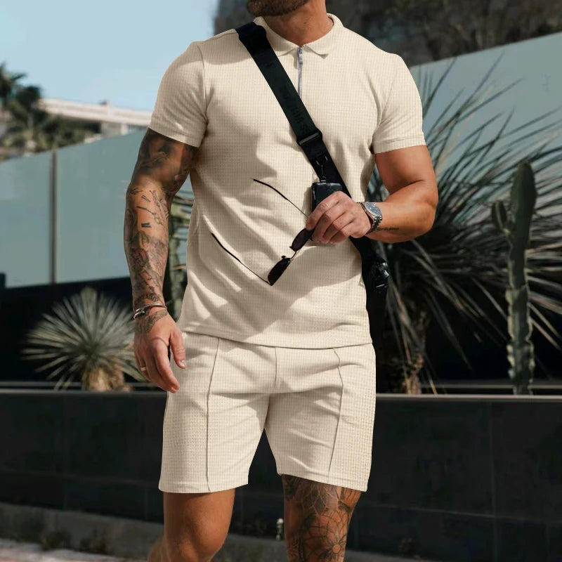 Heren comfortabel wafelpolo shirt met korte mouwen en shorts set - ademende lichtgewicht lente/zomerkleding