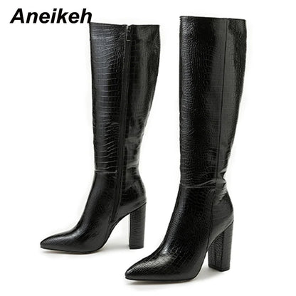 Aneikeh talons pointus épais bottines longues longues en cuir de printemps / automne d'automne en cuir brevet de crocodile