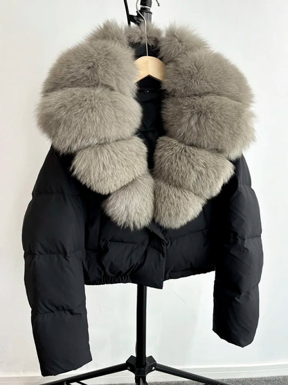 Janveny Big Natural Fox Fur Coat Women 2025 Autumn Winter Female Parkas 90% White Duck Down Jacket Feather Short Puffer Coat