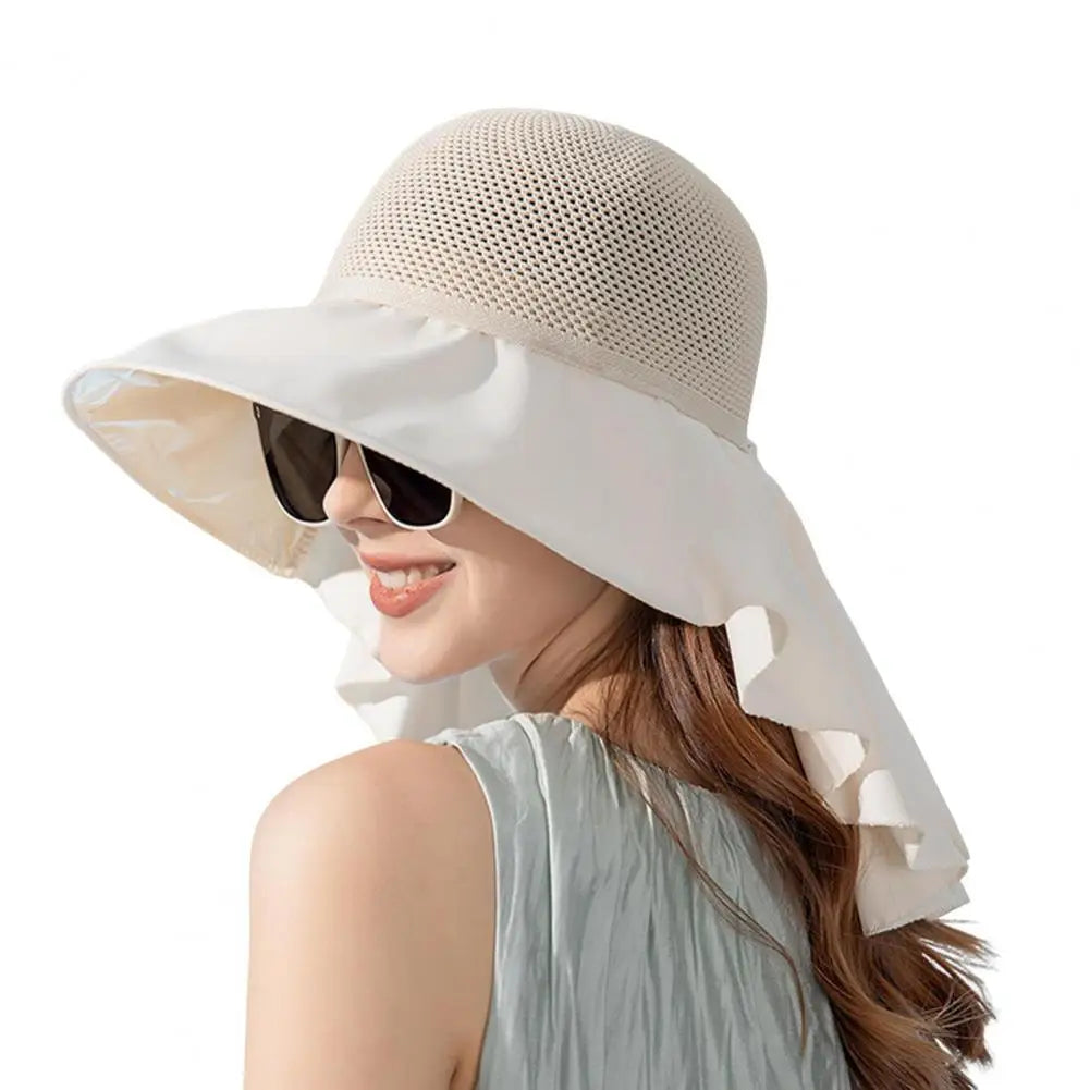 Summer Women Bucket Hat with Shawl Breathable Mesh Face Neck Protection Sun Hat Bow Pleat Wide Brim Hat Travel Beach Cap
