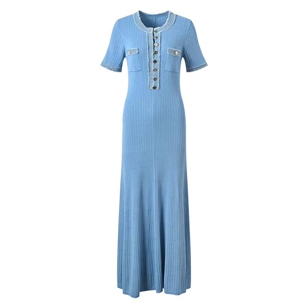 Elegant kontrasterende kvinder strik maxi kjole chic o-hals kortærmet metal knapper bodycon kjoler kontor dame pendler kjortel