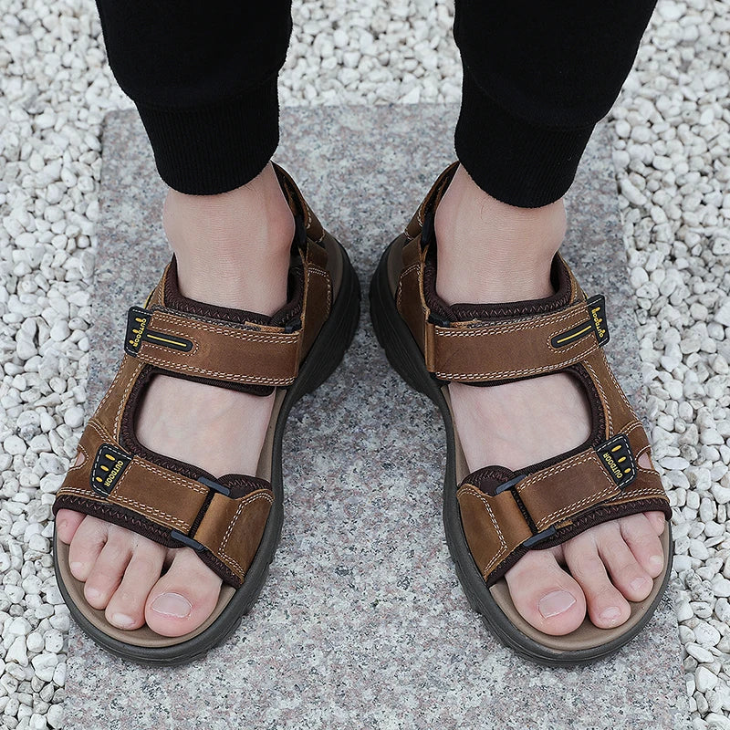 Golden Sapling Summer Shoes Genuine Leather Sandals Outdoor Men's Beach Sandals Leisure Flats Retro Footwear Men Casual Moccasin