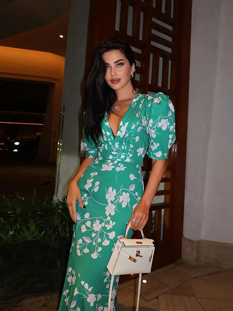 Chic Print Deep V-Sheck MIDI Dress Women Pleat Puff Smeeve High Pas Party šaty 2025 Letní podzimní svátky nové dámy roucho