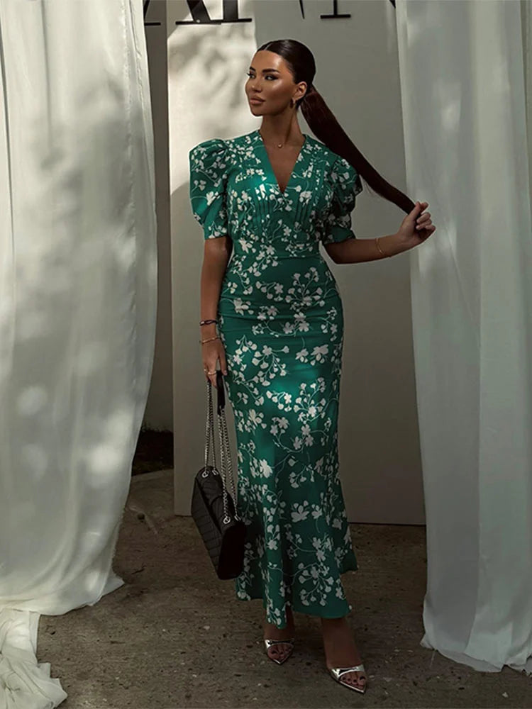 Chic Print Deep V-Sheck MIDI Dress Women Pleat Puff Smeeve High Pas Party šaty 2025 Letní podzimní svátky nové dámy roucho