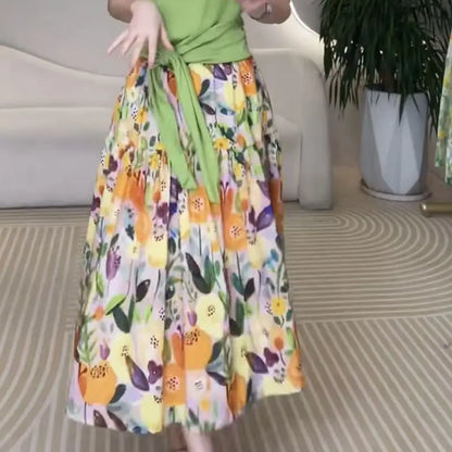Fashionable Elastic Waist Printed Women Summer Thin A-line Large Umbrella Skirt