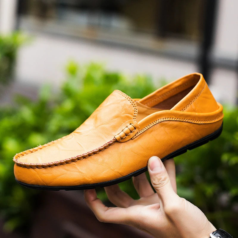 Summer Men Casual Shoes Leather Moccasins Breathable Slip on Boat Shoes Italian Luxury Brand Mens Driving Loafers Size 37-47