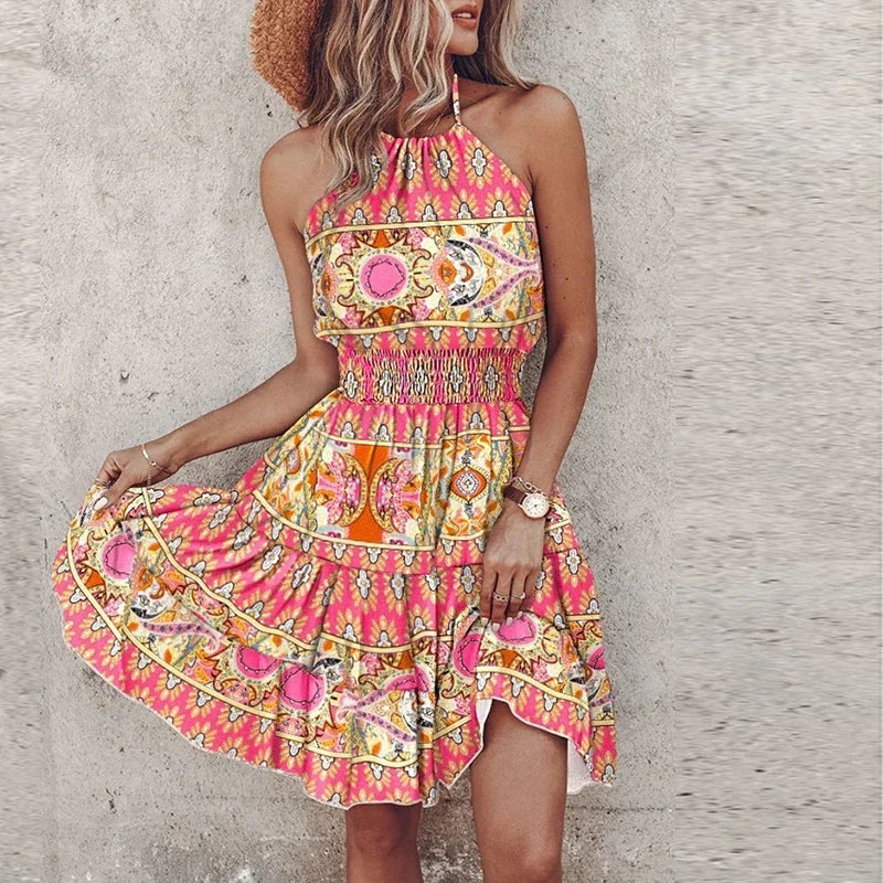 Summer Floral Print Mini Dress Women Sexy Halter Short Dresses For Women Casual Sleeveless  Beach Holiday Dress Boho Style Femme