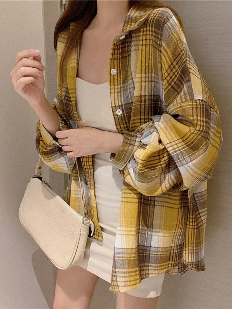Koszula w kratę Kobiety jesienne długie rękawie Top żeńska moda moda pojedyncza piersi panie w stylu Preppy Style luźne koszule