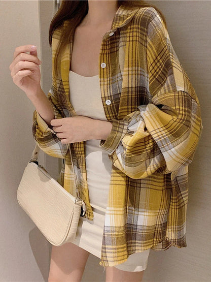 Koszula w kratę Kobiety jesienne długie rękawie Top żeńska moda moda pojedyncza piersi panie w stylu Preppy Style luźne koszule