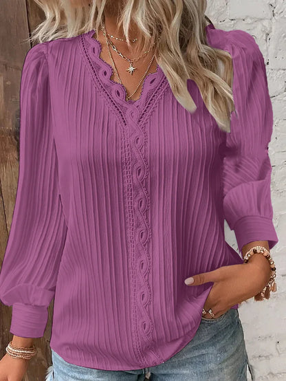 Elegant sommer hul blonder patchwork kvinder shirt chic blouse v nakke langærmet shirt almindelig blonder afslappet grundlæggende regelmæssige toppe