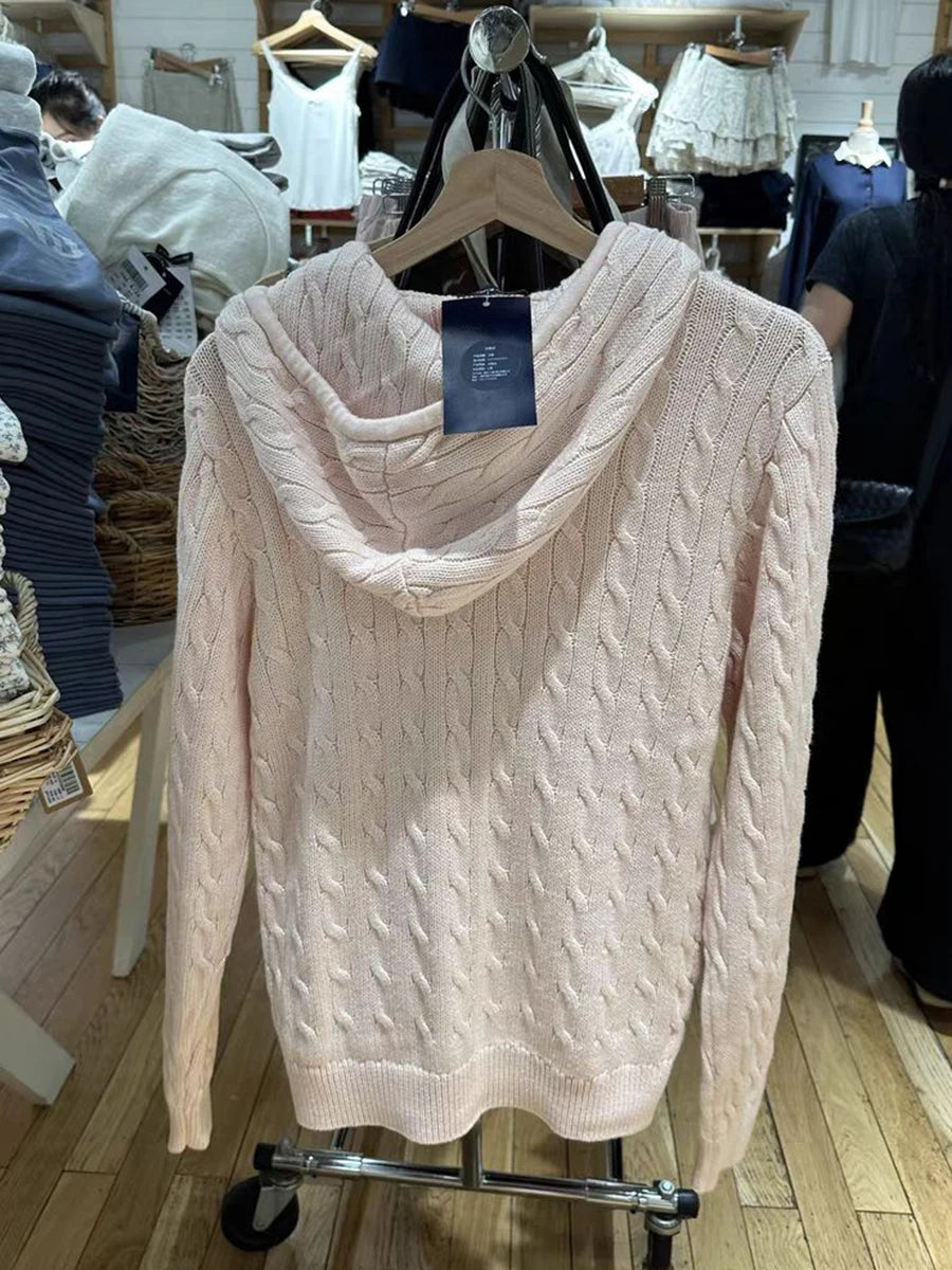 Cardigans de malha rosa de flor torcido Mulheres Autumn Capuzes Capuz Zipper suéter sólido Súlito doce solto casacos y2k