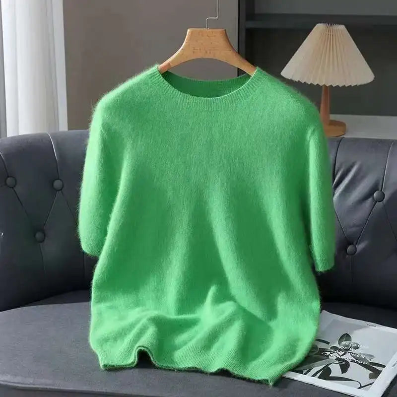 100% Mink Cashmere Knit Sweater Men's T-Shirt Spring Summer Loose O-Neck Solid Color Casual Business Base Pullover Short Sleeve