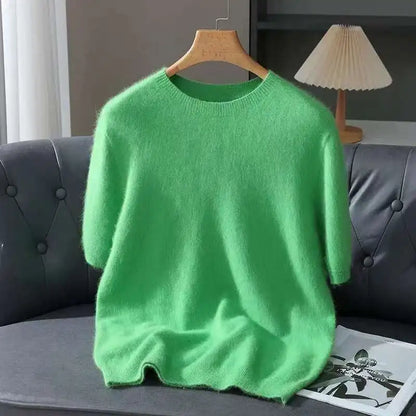 100% Mink Cashmere Knit Sweater Men's T-Shirt Spring Summer Loose O-Neck Solid Color Casual Business Base Pullover Short Sleeve