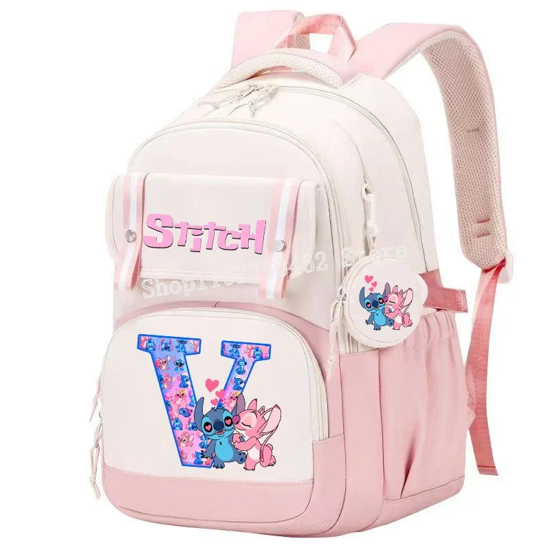 Stitch Angel Backpack Girls Disney Anime Letter A-Z Schoolbags Student School Shoulders Bag Outdoor Sport Travel Rucksack Gift