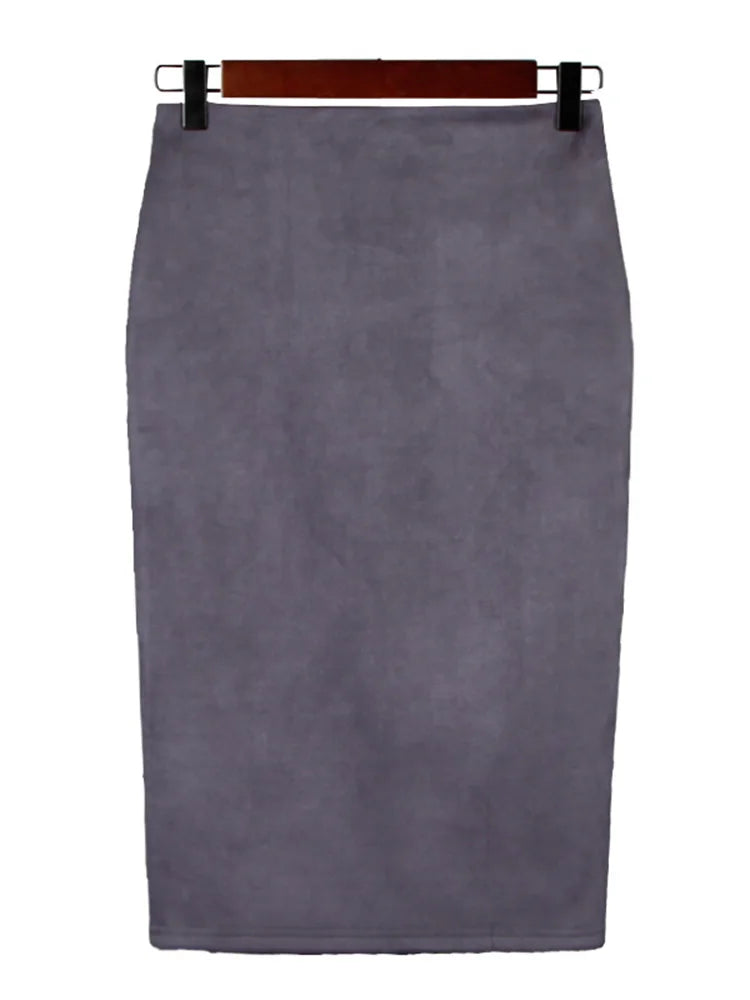 Sexy Multi Color Suede Midi Pencil Skirt Women 2024 Fashion Elastic High Waist Office Lady Bodycon Skirts Saias