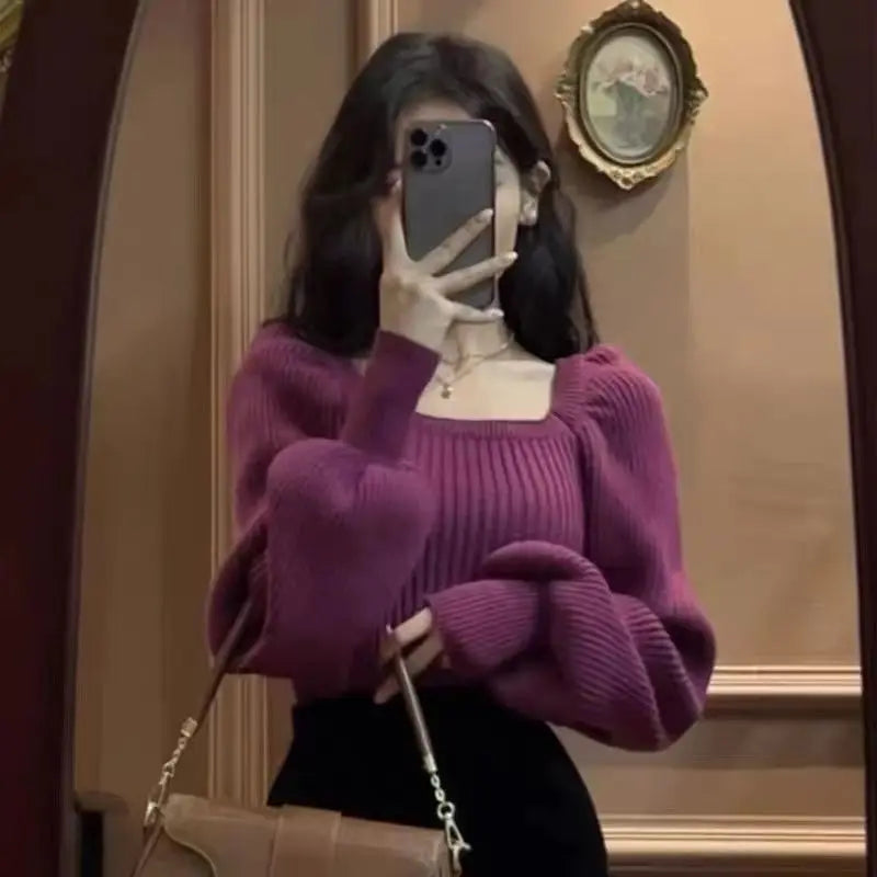 Autumn Square Collar Warm Sweaters Fashion Korean Solid Loose Knit Jumper Elegant Long Sleeve All Match Pullover Sweater M53