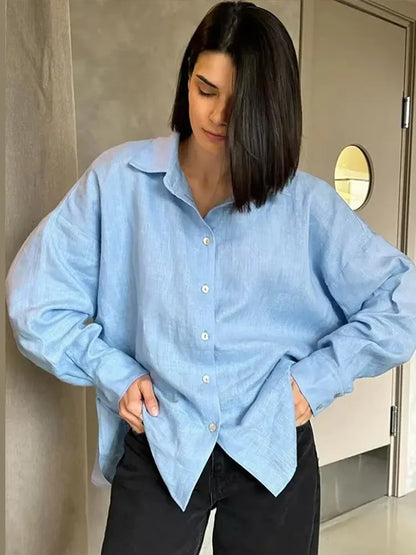 Fashion Loose Women's Shirts Long Sleeve Lapel Oversize Female Blouses 2025 Spring Summer Elegant Pink Cotton Linen Lady Shirts