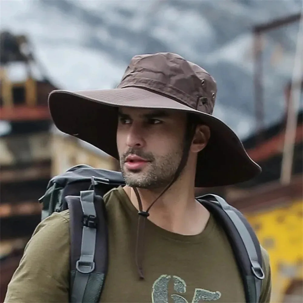 1 × Big Brim Summer Large Sun Hat Män kvinnor andas fiske mössor sol uv skydd nät fiskare hatt vandring utomhus strandmössa