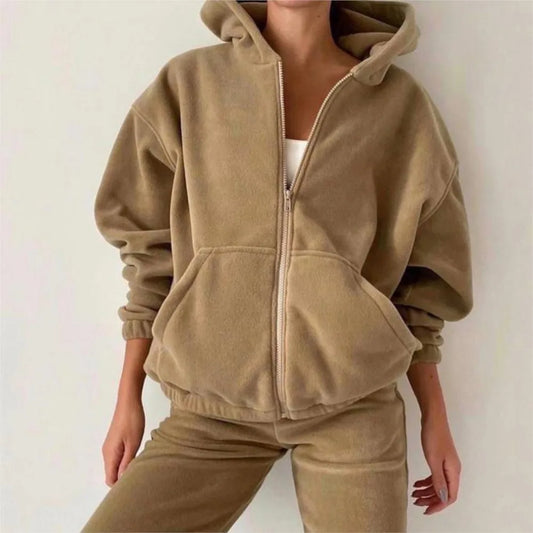Casual dames Polar fleece hoodie Tweede stuks sets mode ritssluiting aan de capuchon bovenkleding broek 2 -delige pak winter streetwear tracksuit