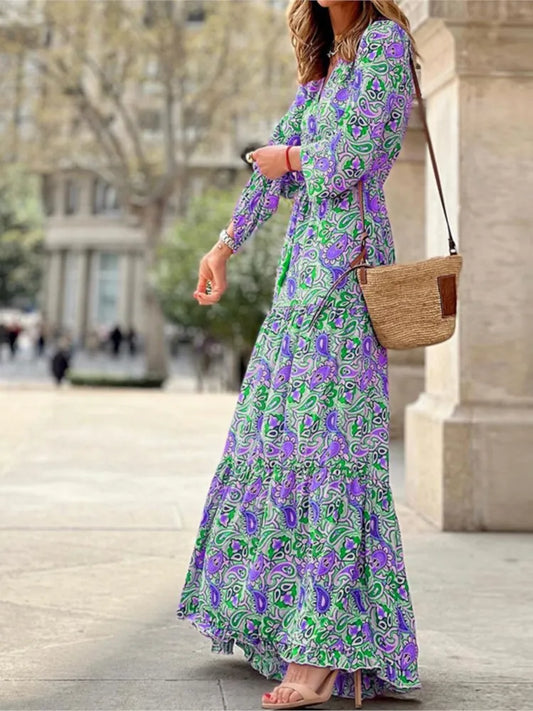 Frauen Herbst neue modische gedruckte sexy V-Ausschnitt Langhülse hohe Taille elastische Taille mittlere Länge Bohemian Kleid