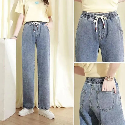 Talie înaltă cu talie lată drept tăiat drept de culoare elastică elastică blugi din denim pentru dimensiuni de dimensiuni de plus studenți tata sle pantaloni casual