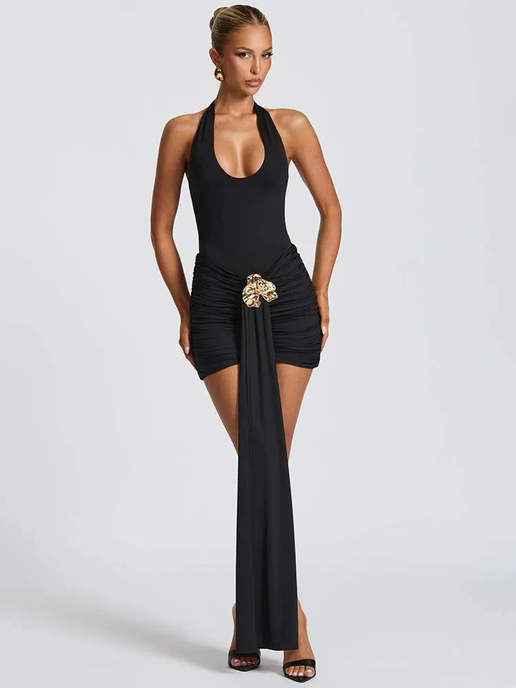 Mozision Metal Flower Ruched Ruched Sexy Mini Dress Women Sabit Mash