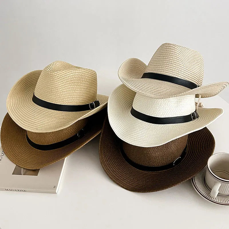 Kuuma myynti kevät länsimainen cowboy capp Straw Hat UV -suojaus Säädettävä Raffia Sun Hat Beach Fishing Outdoor Festival Top Hat
