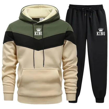 Herre Tracksuit King Printing Sports Suit Sports Hoodie+Pants 2 Pit Suit Casual Sweatshirt Suit Jogging Men's Splicing Tøj