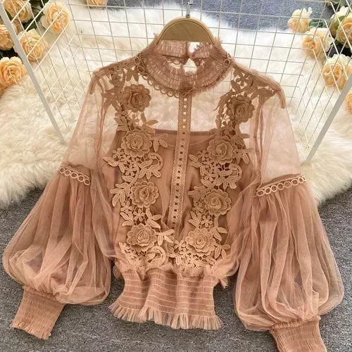Čipka puff dugi rukavi bluza vintage modne bluze elegantne femme blusas korejske žene vrhovi žene majice odjeća Dropshipping