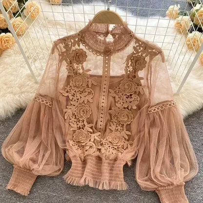 Čipka puff dugi rukavi bluza vintage modne bluze elegantne femme blusas korejske žene vrhovi žene majice odjeća Dropshipping