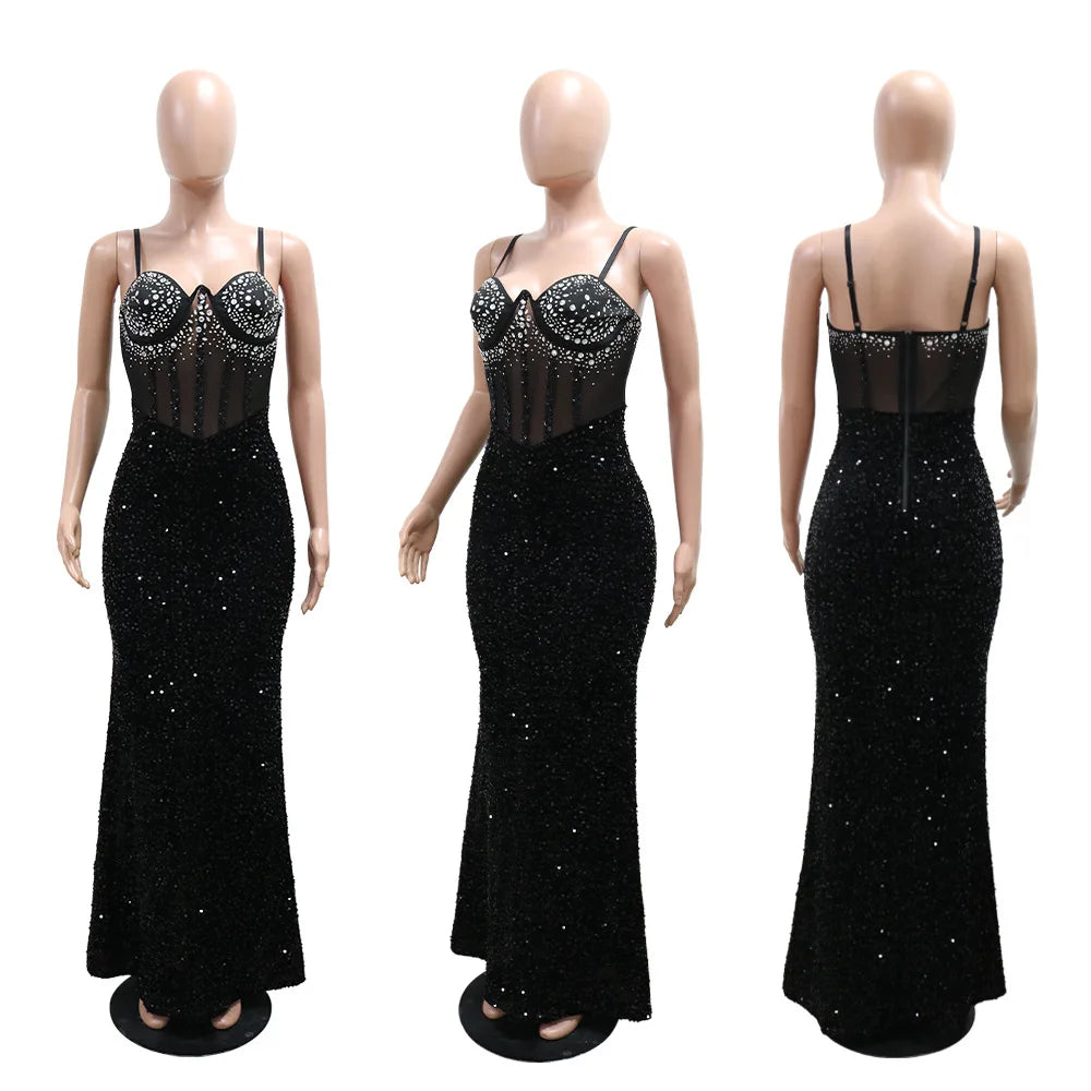 Long Dress Women Sexy Party Dresses Sling Bodycon Vestidos Streetwear Club Sequin Hot Drilling Elegant High Waist Y2k Evening