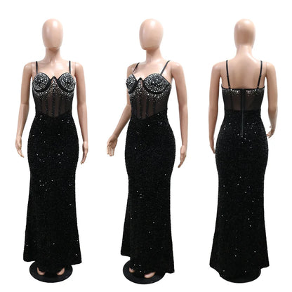 Long Dress Women Sexy Party Dresses Sling Bodycon Vestidos Streetwear Club Sequin Hot Drilling Elegant High Waist Y2k Evening