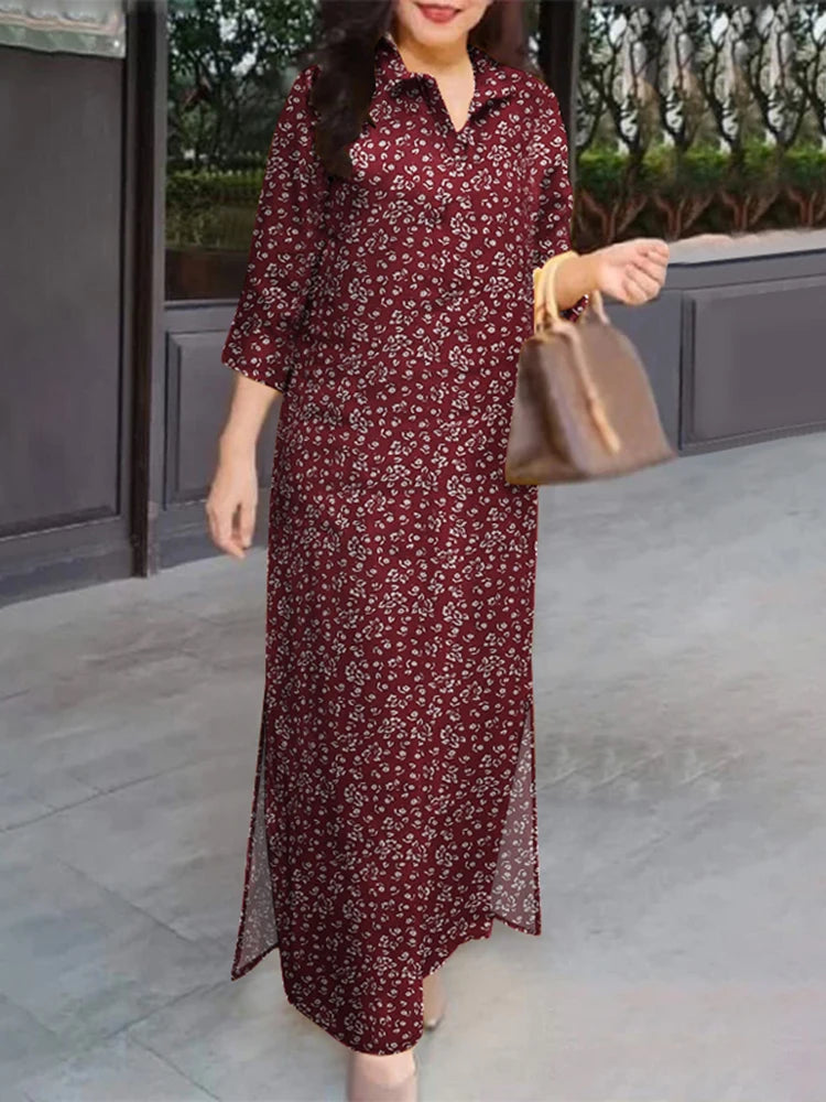 Zanzea Kvinder 3/4 ærme Lange kjoler Fall 2024 Fashion Lapel Neck Cotton Shirtdress Vintage Floral Print Maxi Shirt Dress Ny i
