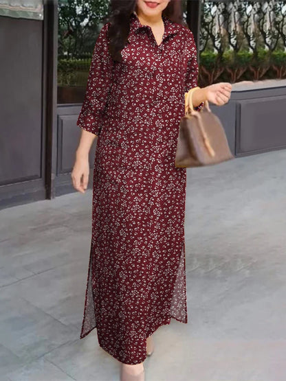 Zanzea Kvinder 3/4 ærme Lange kjoler Fall 2024 Fashion Lapel Neck Cotton Shirtdress Vintage Floral Print Maxi Shirt Dress Ny i