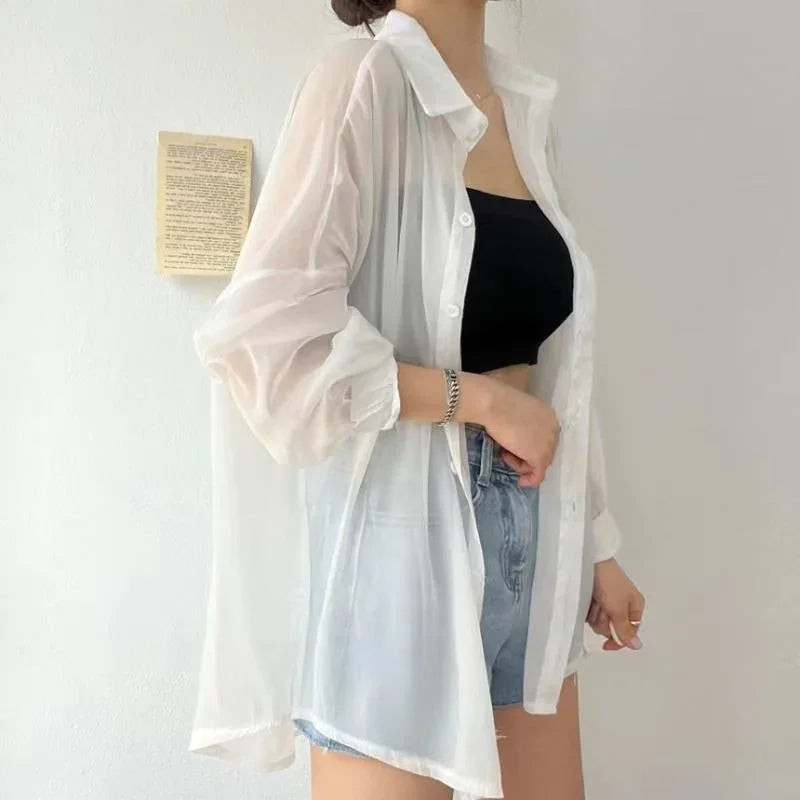 Women Shirt Long Sleeve Top Blouse Female Chiffon Loose Summer Cardigan Thin Sexy Solid Color Casual Shirt Outerwear Прозрачная